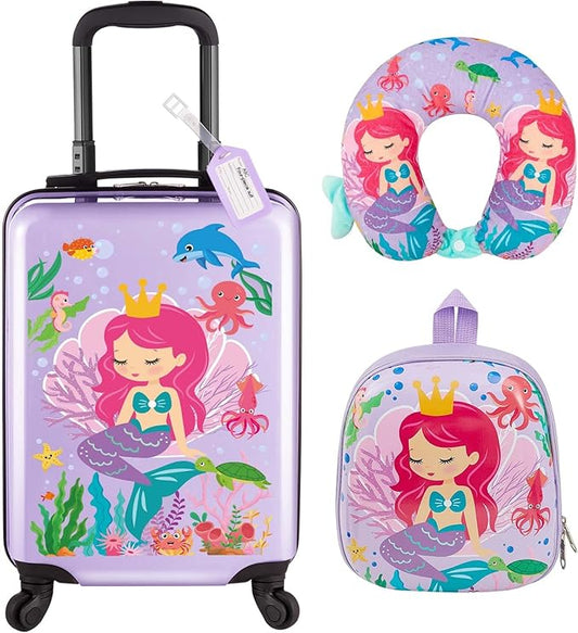 Sanwuta 4 Pcs Kids Luggage Set Backpack Travel Rolling Suitcase U-shape Pillow Christmas Children Gift for Girls Boys(20 Inch,Mermaid Style,Purple)