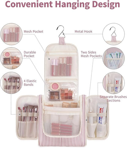 Narwey Striped Hanging Travel Toiletry Bag for Women, Travel Bag for Toiletries, Makeup Bag Organizer Cosmetic Bags Make Up Bags for Women (Dusty Rose Stripe)