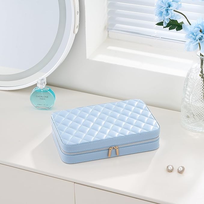 Lolalet Travel Jewelry Case for Women Girls, Travel Jewelry Organizer Box with Mirror & Clear Storage Bag, Small Portable Earring Necklace Bracelet Ring Case, Birthday Christmas Gifts -Large, Blue