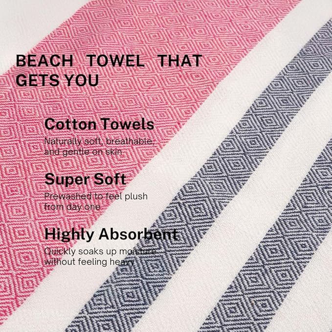 Cotton Turkish Beach Towel with Towels Oversized 36"x72" Pool Absorbent Extra Large Quick Dry Sand Travel Towel (Rosé & Riviera, 4 Pack)