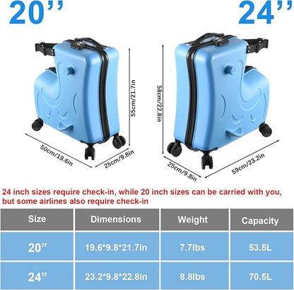 24 Inch Kid Ride Suitcase, Kid Luggage Seat Ride With Lock - Kids Travel Trolley With Safety Belt, Kids Luggage With Wheels Child Stroller Spinner Luggages, ABS+PC (Blue, 6-12 Years)