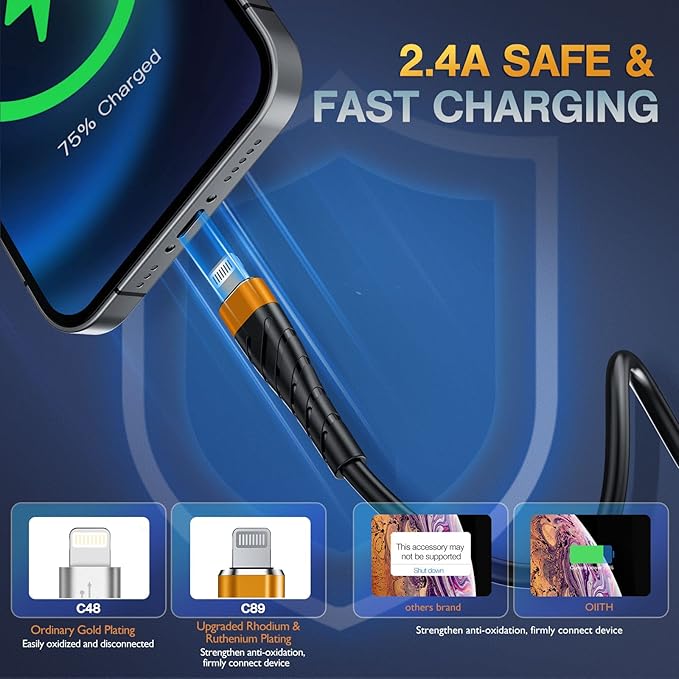 OIITH Apple MFi Certified iPhone Charger Cable 3 Pack 6 Ft, Long Lightning Charging Cord, Fast 2.4A iPhone USB Cord Compatible with iPhone12/11/XS/Max/XR/X/8/8P/7P/6 - Orange