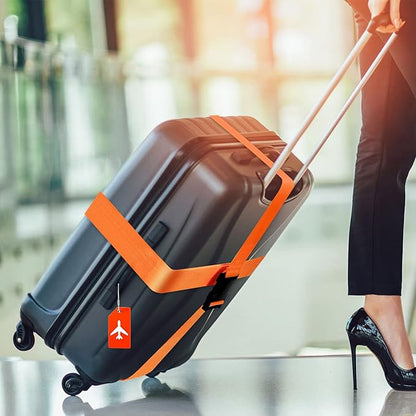 Weewooday 8 Pcs Luggage Straps Suitcase Tags Set for TSA Approved, 4 Travel Adjustable Suitcase Belt, 4 Silicone Luggage Tags with Name ID Card Travel Accessories(Orange,Airplane)