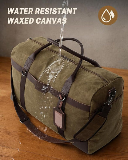 Gonex Waxed Canvas Duffle Bag for Travel, Water-resistant Vintage 55L Duffel Weekender with Shoes Compartment & Luggage Tag, Heavy-duty Overnight Bag with Suitcase Handle Sleeve for Men, Coffee