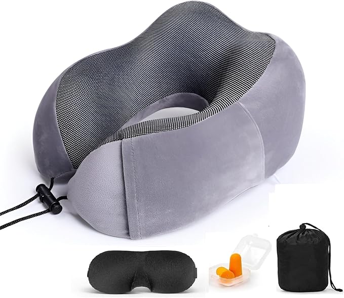 Airplane Travel Neck Pillow, 100% Memory Foam Ergonomic Neck Support, Airplanes Neck Pillow with Washable Cover Travel Essential for Flight, Office includes Eye Masks, Earplugs & Carry Bag (Dark Gray)
