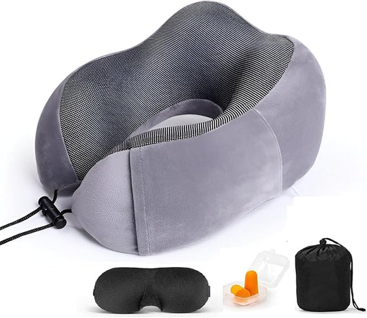 Airplane Travel Neck Pillow, 100% Memory Foam Ergonomic Neck Support, Airplanes Neck Pillow with Washable Cover Travel Essential for Flight, Office includes Eye Masks, Earplugs & Carry Bag (Dark Gray)