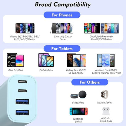 2 Pack 40W USB C Wall Charger,4-Ports Multiport PD Power Adapter & QC Wall Plug, Apple Fast Charging Block,iPhone USBC Charging Brick Compatible with iPhone 17/Air/17 Pro/16/16e/15/Pro Max/14/13(Blue)