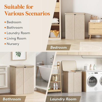 Lifewit 165L Laundry Basket with Lid, Large Laundry Hamper with Plastic Handles and Removable Bag, Foldable Tall Dirty Clothes Hampers for Laundry for Laundry Room, Bedroom, Bathroom, Dorm, Beige