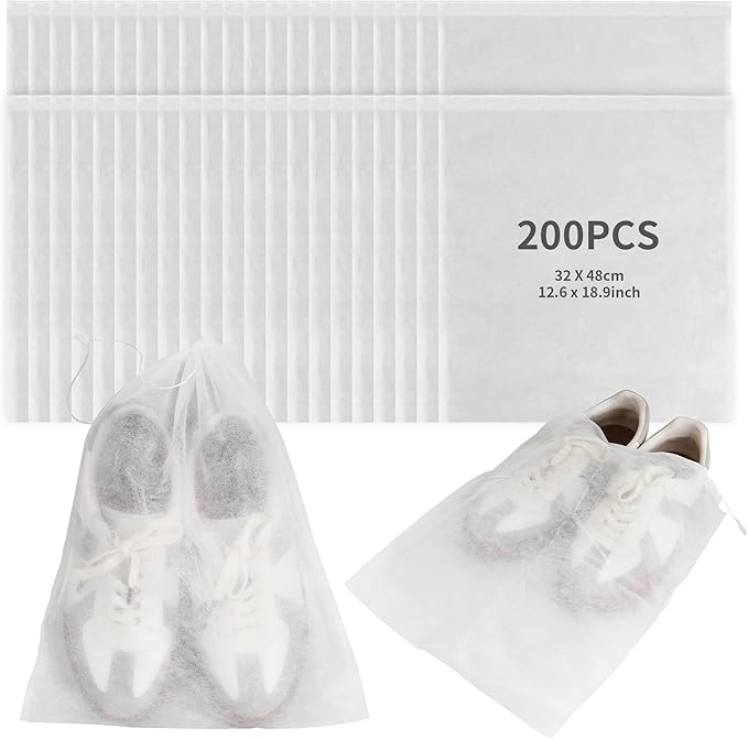 200 Pcs Dust Proof Shoe Bag, Non Woven Shoe Storage Bags for Men and Women, Drawstring White Shoes Pouch Storage for Travel (12.8 x 18.9 Inch)