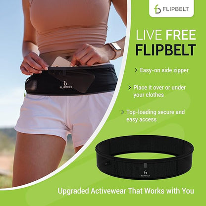 FlipBelt Lightweight Running Air Belt, Fitness and Running Fanny Pack for Women and Men, Non Chafing Waist Band Pack for Phone, Keys, Money, Moisture Wicking Storage Belt, USA Company