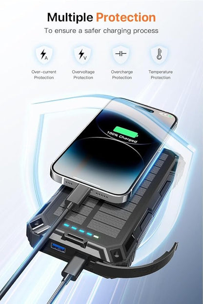 Power Bank 49800mAh Solar Portable Charger Wireless Charging USB-C 15W Fast Charging with 4 Built-in Cables LED Flashlight Battery Pack Compatible with iPhone, iPad, Perfect for Camping,Hiking