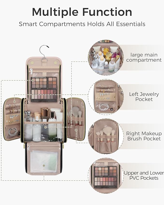 Hanging Toiletry Bag, PU Leather Makeup Bag Large Capacity with Jewelry Organizer for Brushes Set, Cosmetic Accessories, Pink