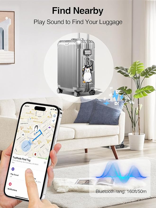 TopMade Smart Luggage Tag with Find My, Premium Leather Luggage Tags for Suitcase, Travel Bags, Backpacks, Anti-Lost Suitcase Tag Tracker for Travel with Privacy Name Card, Rechargeable