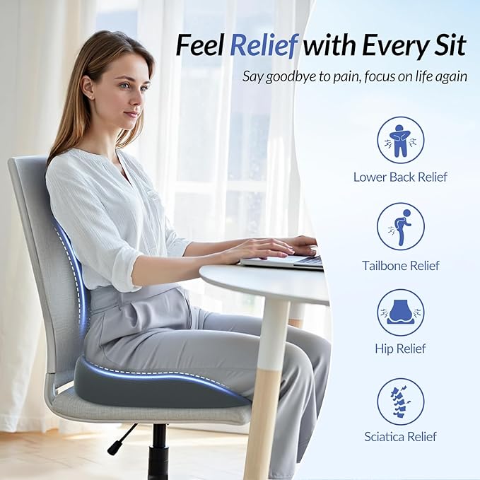 ZIKEE Ergonomic Seat Cushion with Thigh Relief Slope, Office Chair Cushion with Premium Memory Foam for Car, Home, U-Shaped Design Alleviates Hip, Tailbone Pain, Anti-Slip Sciatica Pain Relief (Gray)