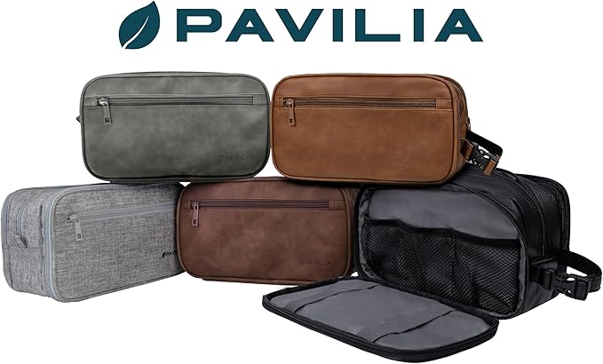 PAVILIA Toiletry Bag for Men, Travel Pouch Essentials Shaving Dopp Kit, Travel Bag Toiletries Organizer Case, Cosmetic Make Up Accessory, Water Resistant
