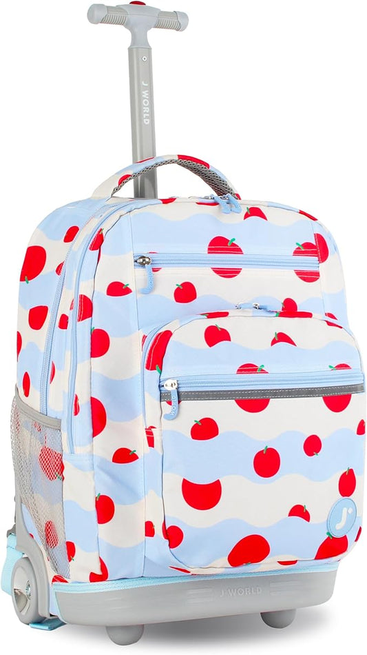 J World Sundance Laptop Rolling Backpack for Girls Boys. Roller Bookbag with Wheels, Floating Apple