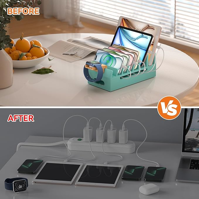 Pezin & Hulin Bamboo Charging Station with Watch Stand, Docking Holder for Multi Device with 5 Port USB Charger HUB, 5 Charge Cables, Desktop Electronic Organizer for Cellphone, Tablet, Watch-Teal