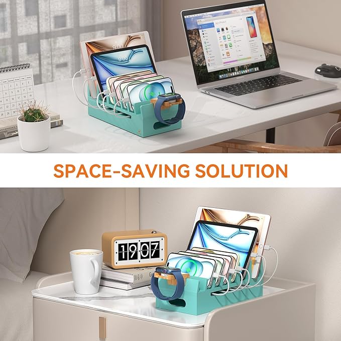 Pezin & Hulin Bamboo Charging Station with Watch Stand, Docking Holder for Multi Device with 5 Port USB Charger HUB, 5 Charge Cables, Desktop Electronic Organizer for Cellphone, Tablet, Watch-Teal