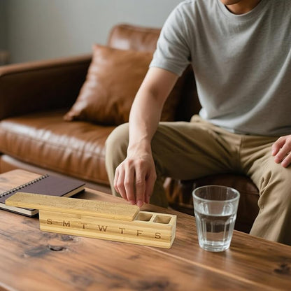 Wood Weekly Pill Organizer, 7 Day Bamboo Tablet Box Vitamin Dispenser, Portable Aesthetic Magnetic Pill Case Container Box for Vitamins Fish Oil Pills or Supplements Daily Travel