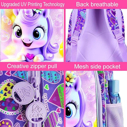 WZLVO 3PCS Unicorn Backpack, 16" Glittery UV Printing Girls Bookbag/School Bag with Lunch Box & Pencil Bag for Preschool to Elementary - Reading Unicorn Purple