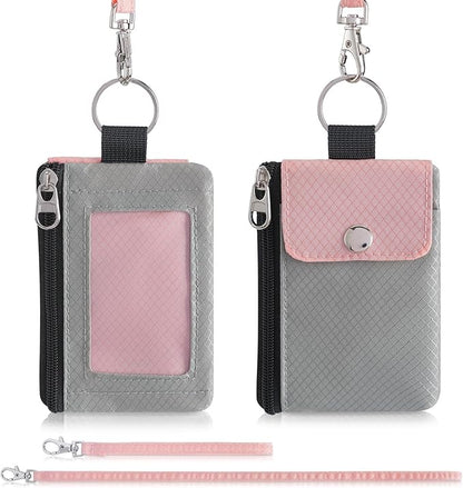 Minimalist Wallet For Mens Womens, Keychain RFID Blocking Zipper Small Wallet with ID Window 2 Lanyards,Water Resistant Travel Cash Card Coin Case Boys Girls