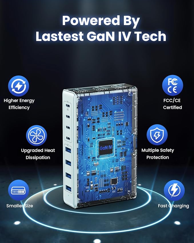 200W USB C Charger Block,GaN IV Charging Station 8 Ports,QC4.0 Fast Charging Station Hub+PD 65W USB C Laptop Charger Adapter Compatible with MacBook Air/Pro,DELL,iPhone 17/16,iPad,Steam Deck-Sky Blue