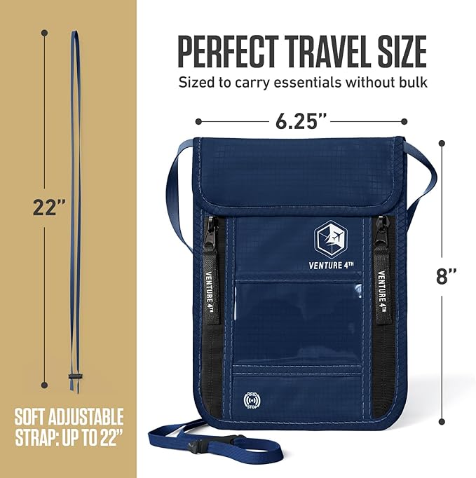 VENTURE 4TH Neck Wallet, RFID Blocking Passport Holder for Travel – Hidden Neck Pouch with 6 Compartments, Slim Lightweight Organizer with Adjustable Strap for Cash, Cards & Passport (Navy Blue)