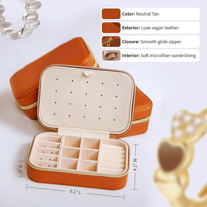 Small Travel Jewelry Box Organizer for women & Girls, Portable Small Travel Jewelry Case Organizer for Traveling, PU Leather Mini Box for Earrings, Necklaces, Rings, Bracelets - Neutral Tan