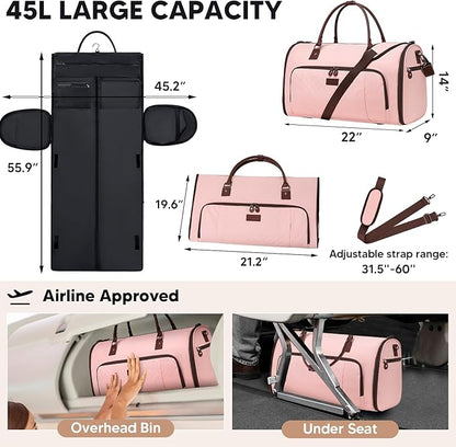 Garment Bag for Airplane Travel,Weekender Travel Bag for Women, 2 in 1 Convertable Garment Duffle Bag with Shoes Compartment Carry on Bag Hanging Garment Bag Travel with Shoulder Strap,Pink