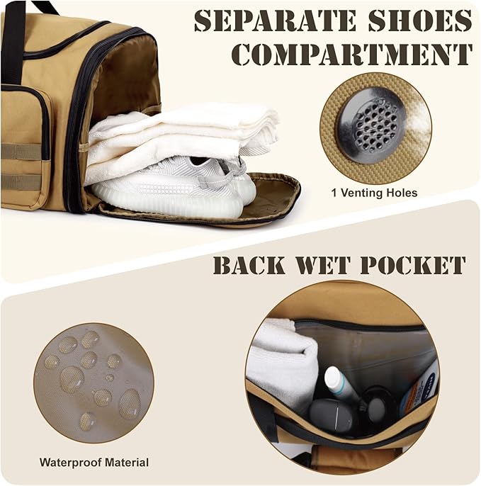 Tactical Duffle Bag For Travel Expandable 52L Large Duffle Bag For Men Gym Duffel With Wet Pocket Multi-Functional Carry On Bags Weekender Overnight Bag Organizer Duffel Bag For Travel