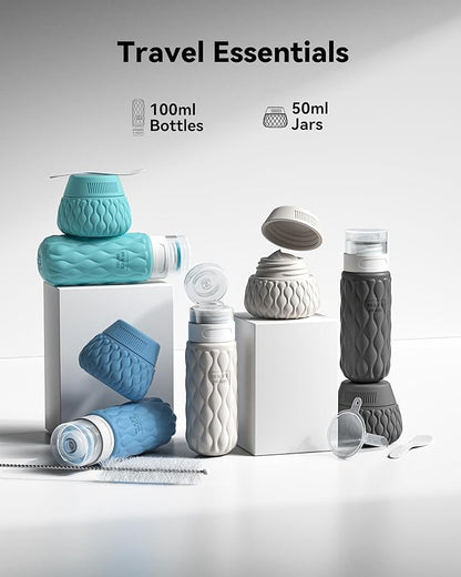 Silicone Travel Bottles for Toiletries 8 Pack Travel Size Toiletries 3.4 oz 1.7 oz, Leakproof Squeeze Travel Size Containers Refillable Cosmetic Jars Set for Shampoo, Conditioner, Creams