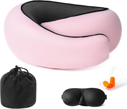 Travel Neck Pillows for Airplanes Or Cars, 360° Head Support for Comfort On Long Flight, Skin-Friendly and Breathable, Kit with 3D Contoured Eye Mask, Earplugs and Storage Bag