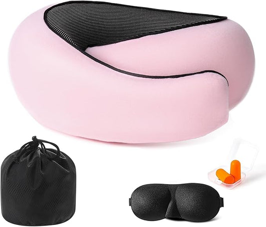 Travel Neck Pillows for Airplanes Or Cars, 360° Head Support for Comfort On Long Flight, Skin-Friendly and Breathable, Kit with 3D Contoured Eye Mask, Earplugs and Storage Bag