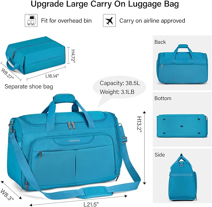 Hanke Carry On luggage Bags for Travel, Large Foldable Duffle Bag for Travel, Softside Lightweight Travel Bag Carry On Bags for Airplanes Women, Travel Tote Bags for Women Men.(Caribbean Blue)
