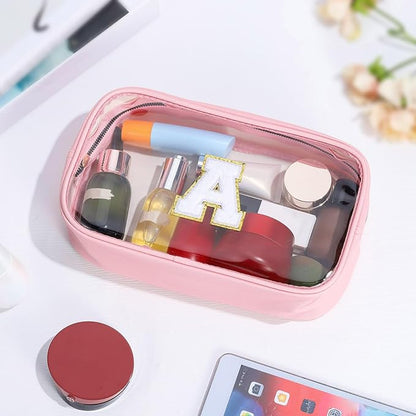 YOOLIFE Initial Make Up Bag Travel Toiletry Bag, Clear Makeup Bag Preppy Cosmetic Bags Organizer Travel Essentials Pink Gifts for Women Teen Girlfriend Teacher Mom Birthday Mothers Day Gifts E