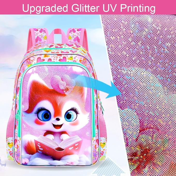 WZLVO 3PCS Girls Fox Backpack Set, 16" Glittery UV Printing Kids Bookbag/School Bag with Lunch Box & Pencil Bag for Preschool to Elementary - Reading Fox Pink