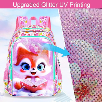 WZLVO 3PCS Girls Fox Backpack Set, 16" Glittery UV Printing Kids Bookbag/School Bag with Lunch Box & Pencil Bag for Preschool to Elementary - Reading Fox Pink