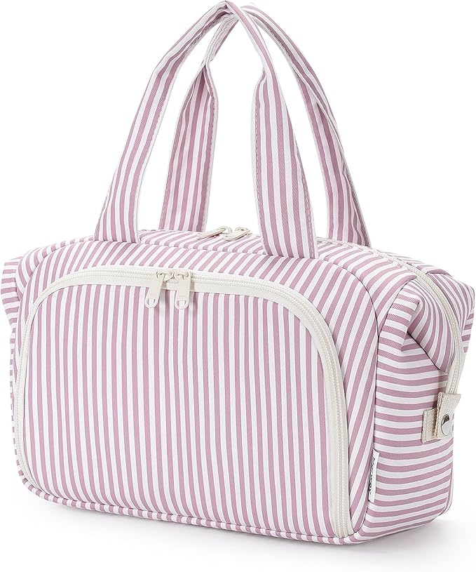 Narwey Travel Toiletry Bag, Wide-open Large Toiletry Bags for Traveling Women, Checkered Travel Bag for Toiletries Cosmetic Makeup Bag Organizer, Skincare Make Up Bag (Dusty Pink Stripe)