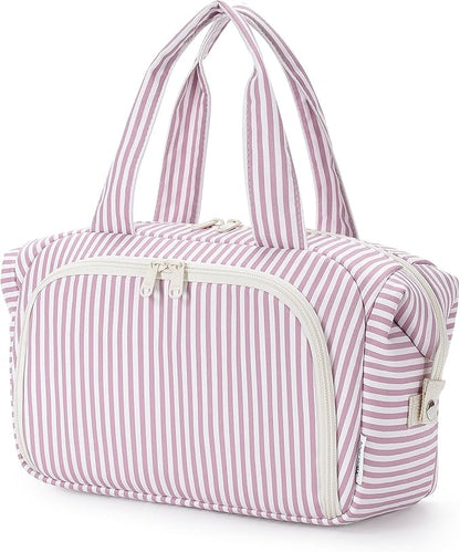 Narwey Travel Toiletry Bag, Wide-open Large Toiletry Bags for Traveling Women, Checkered Travel Bag for Toiletries Cosmetic Makeup Bag Organizer, Skincare Make Up Bag (Dusty Pink Stripe)