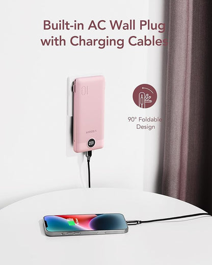VEGER Portable Charger with Built-in AC Plug and Cables, All in One 10000mAh Ultra Slim Power Bank Travel Essentials, 15W Fast Charging Battery Pack Compatible with iPhone, Samsung, Android (Crepe)