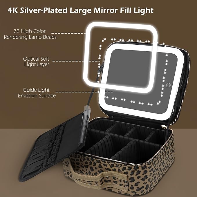 Travel Makeup Bag Cosmetic Bag Makeup Organizer Bag with Lighted Mirror, Adjustable Brightness in 3 Color Scenarios, Waterproof Makeup Train Case, Gift for Women - Leopard Brown