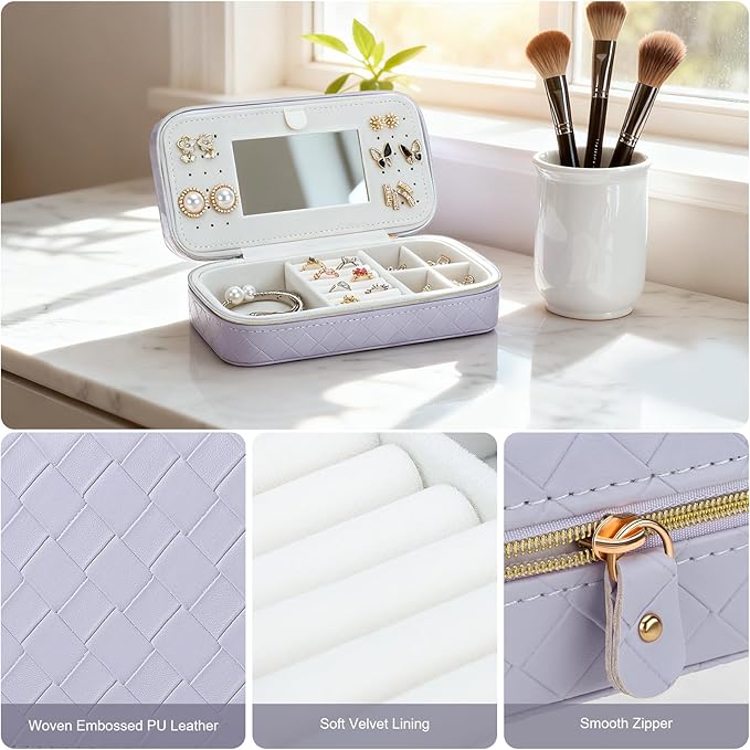 DesignSter Jewelry Organizer, Small Portable Travel Jewelry Storage for Women, Woven Embossed PU Jewelry Case with Mirror for Ring Earring Necklace Bracelet