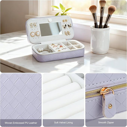 DesignSter Jewelry Organizer, Small Portable Travel Jewelry Storage for Women, Woven Embossed PU Jewelry Case with Mirror for Ring Earring Necklace Bracelet