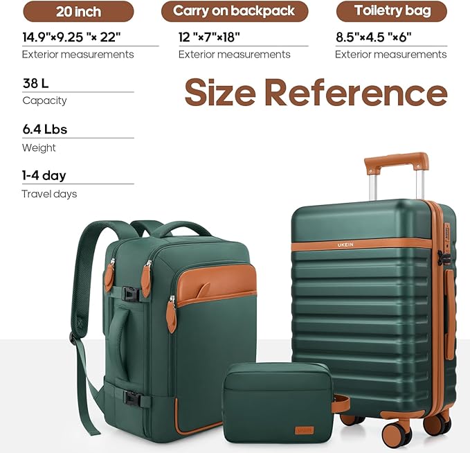 UKEIN Luggage Sets 3 Piece, PC Hardside Carry On Luggage 28Inch With Spinner Wheels with TSA Lock, Carry On Suitcase Set With Travel Backpack for Men (Green, 3 piece set (28inch))