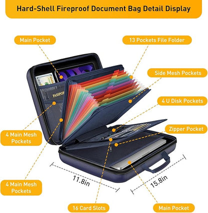 Fireproof Document Organizer with Lock, 2000℉ File Organizer Safe Box Fireproof Waterproof, Hard Shell Fire Proof Document Bag with 13 Pocket Accordion File Folders, Home Storage Office Organization