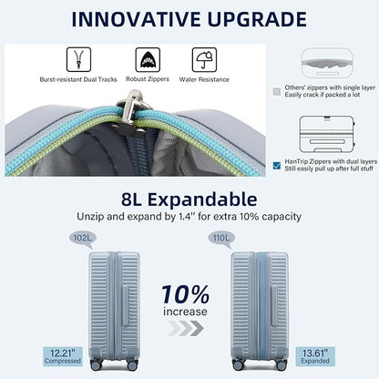 Large Checked Luggage 28 Inch Hard Shell Suitcases, Expandable Travel Luggage Lightweight Check In Luggage with Spinner Wheels Cup Holder Charger Built in, Silver