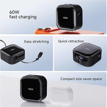 PZOZ Retractable USB C Charging Cable Two-Way Freely Retractable Charger/Data Type C 60W for Desktop Car Cable Management Organizers Suitable iPhone/Samsung/MacBook/iPad
