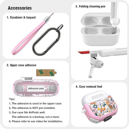 WENEW Case for AirPods 3 Case Cover Secure Lock Automatic Snap Switch Clip Cleaner Kit Lanyard Women Stylish Flower Armour Hard Shell Full Body Front LED Visible (Pink Flower, AirPods 3rd)