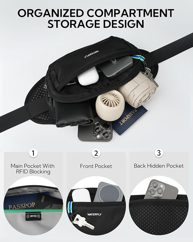 WATERFLY Fanny Pack Waist Bag: 2.3L Large RFID Blocking Crossbody Bags for Women Men, Breathable Casual Anti-Theft Hip Pouch for Traveling Walking Hiking-Black