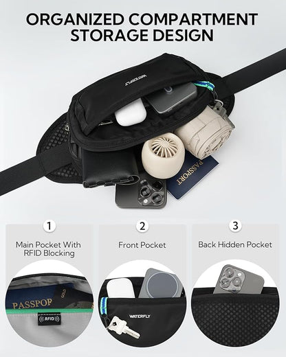 WATERFLY Fanny Pack Waist Bag: 2.3L Large RFID Blocking Crossbody Bags for Women Men, Breathable Casual Anti-Theft Hip Pouch for Traveling Walking Hiking-Black